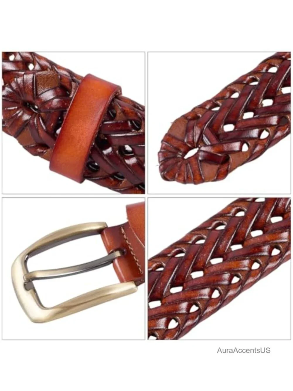 Genuine Leather Casual Woven Belt 1.36 Inch Wide Braided Waistband with Single